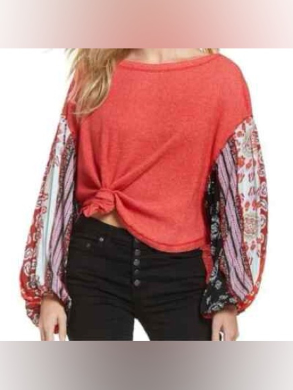 Free People We the Free Red Blossom Thermal Top with Paisley Sleeves, size XS - Picture 3 of 8